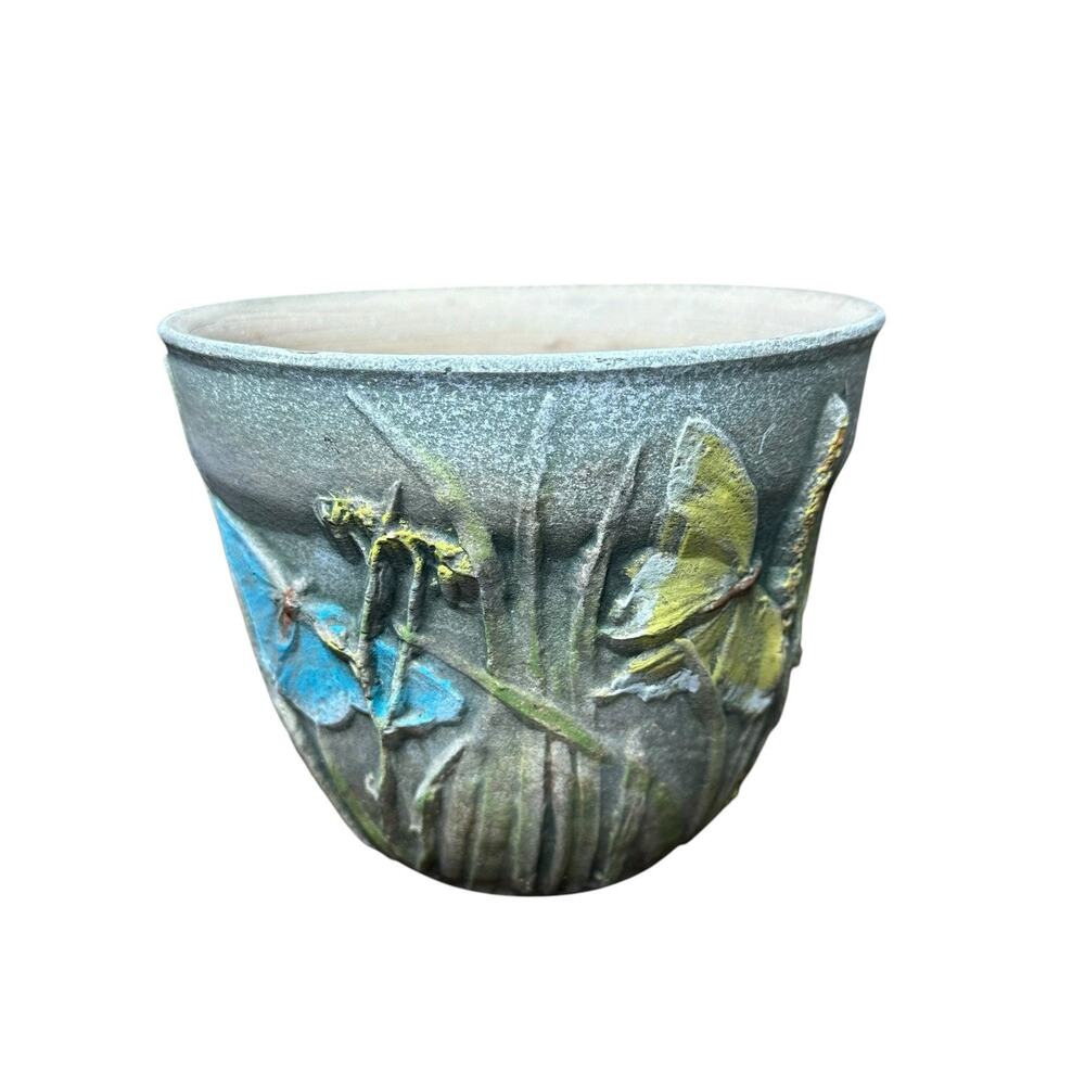 Burley Pottery Handpainted Butterfly 8" Aged Clay Planter Artist Signed Danyelle